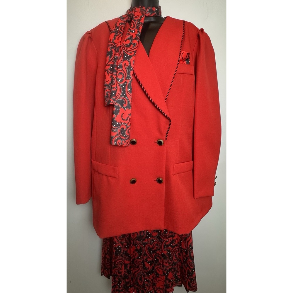 Vintage 80s Power Suit Set Berg-Ray Frocks Red & Black Paisley Pattern + Scarf